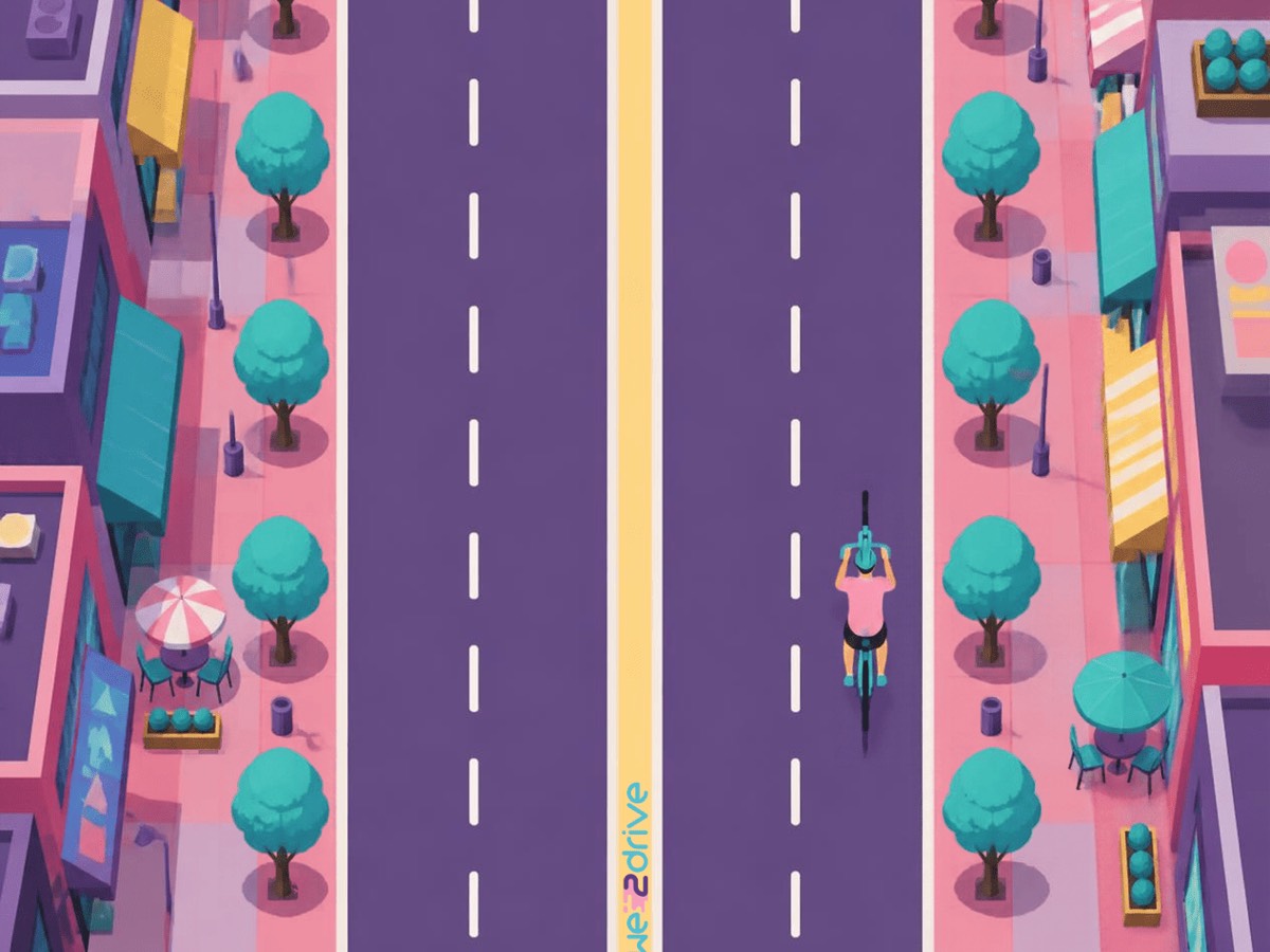 Una avenida vista desde arriba, con dos carriles por sentido. Una ciclista circula por el centro del carril derecho.