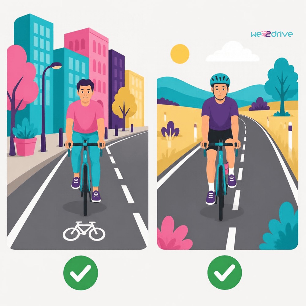 Dos escenas, las dos marcadas como correctas: un ciclista sin casco en una calle de ciudad y un ciclista con casco en una carretera.