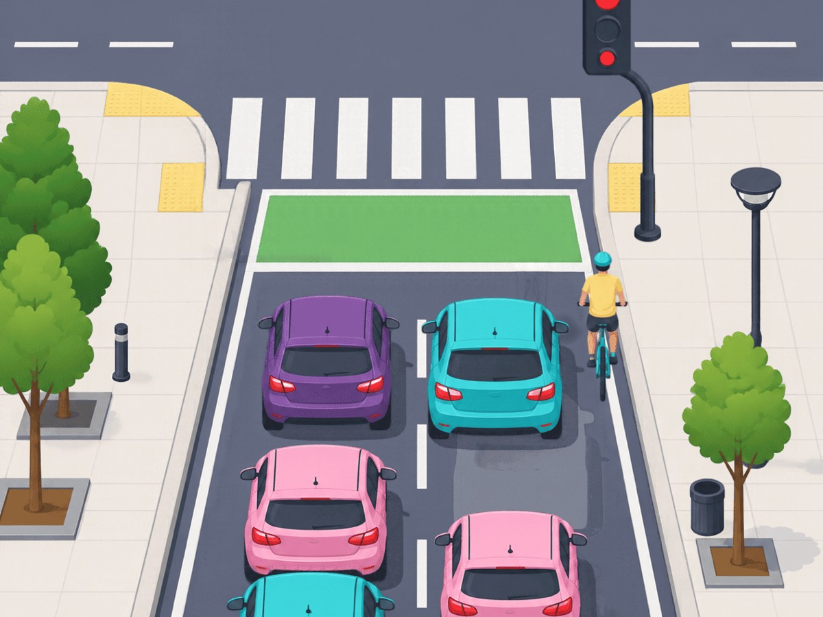 Un cruce con el semáforo en rojo y dos filas de coches parados. Un ciclista los ha rebasado y espera junto al semáforo.