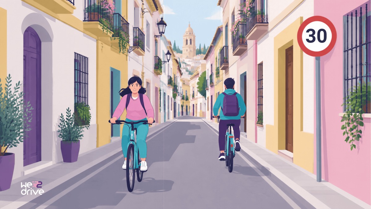 Una calle estrecha de un solo carril con una señal de 30. Dos personas van en bici, cada una en un sentido.