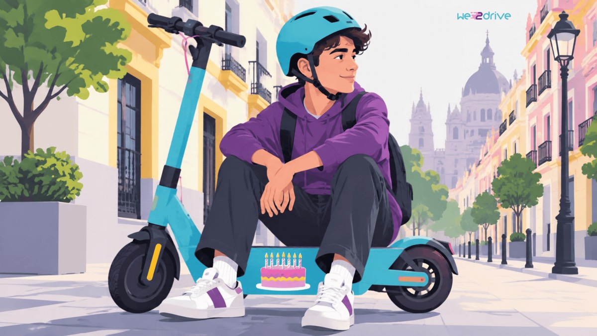 Un chico joven con casco, sentado en su patinete eléctrico. En el patinete hay dibujada una tarta de cumpleaños.
