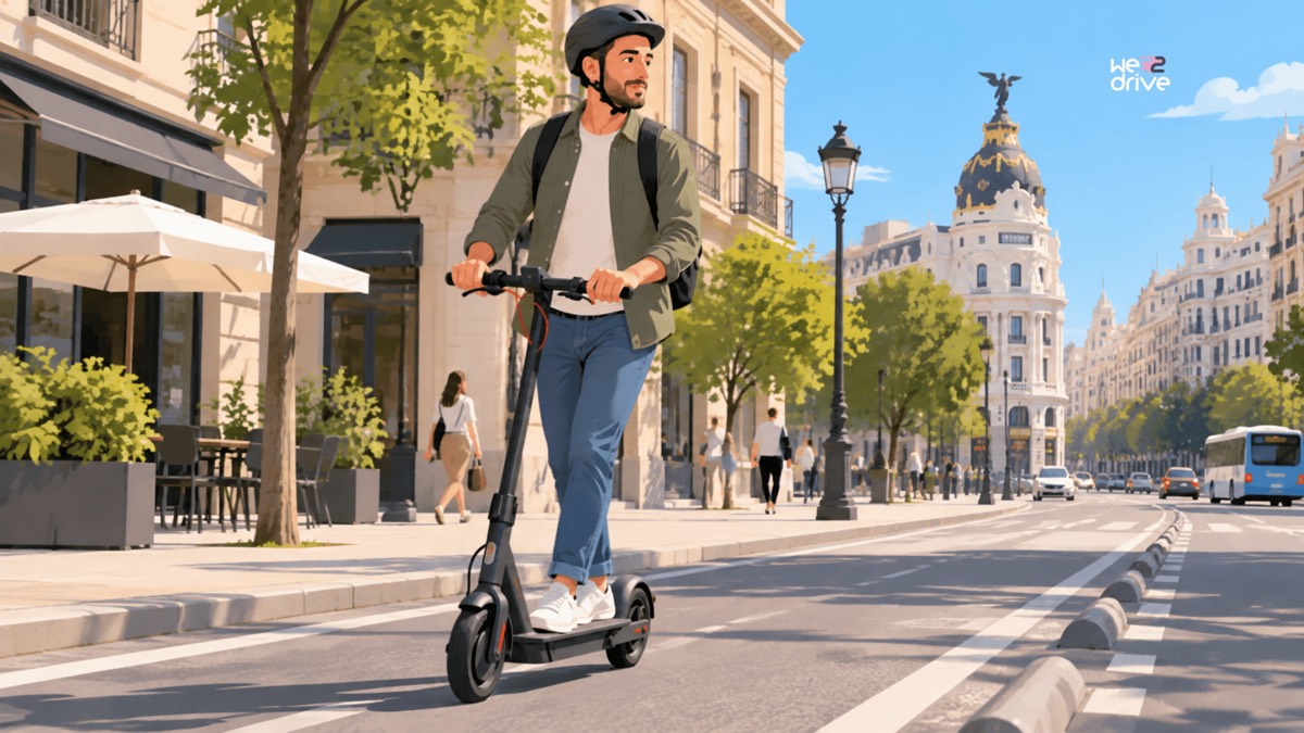 Un hombre con casco circula en patinete eléctrico por una calle de ciudad.