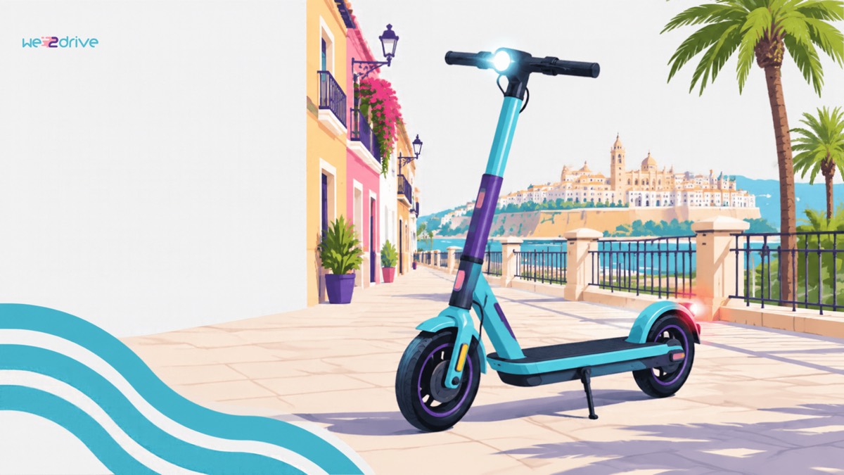 Un patinete eléctrico en un paseo junto al mar, con la luz delantera y la trasera encendidas.
