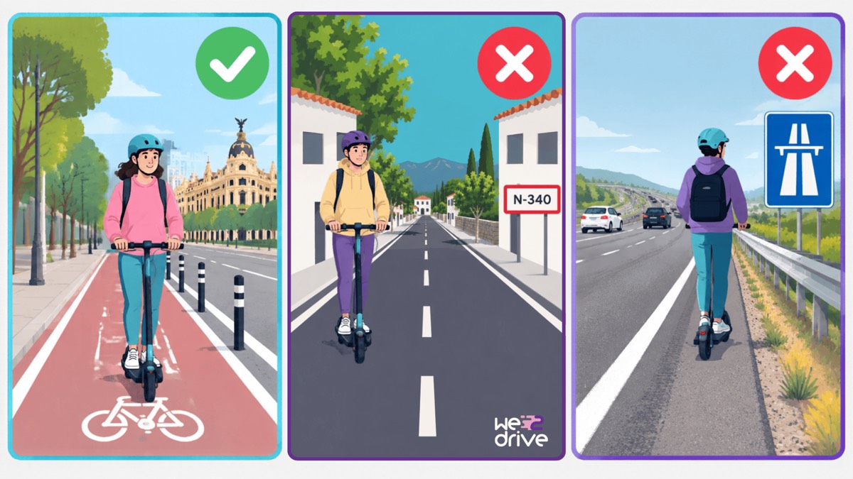 Tres escenas de una persona en patinete: el carril bici protegido está marcado como correcto, y la travesía y el arcén de la autovía como incorrectos.