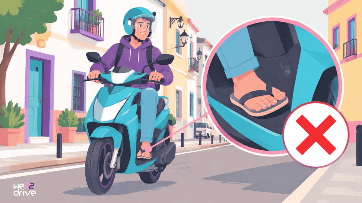 Un motorista con casco circula por una calle de ciudad en chanclas. El pie, ampliado en un círculo, está marcado con una cruz roja.