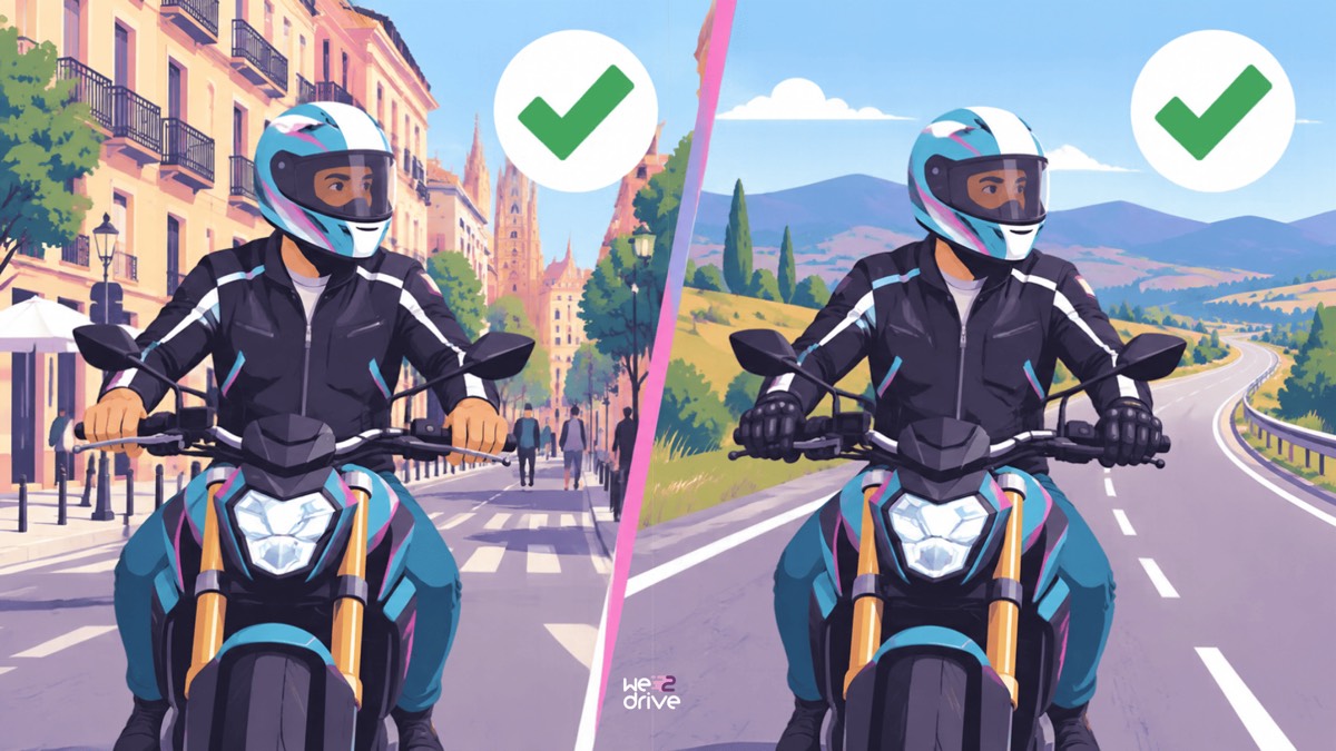 El mismo motorista sin guantes en ciudad y con guantes en carretera. Las dos escenas están marcadas como correctas.