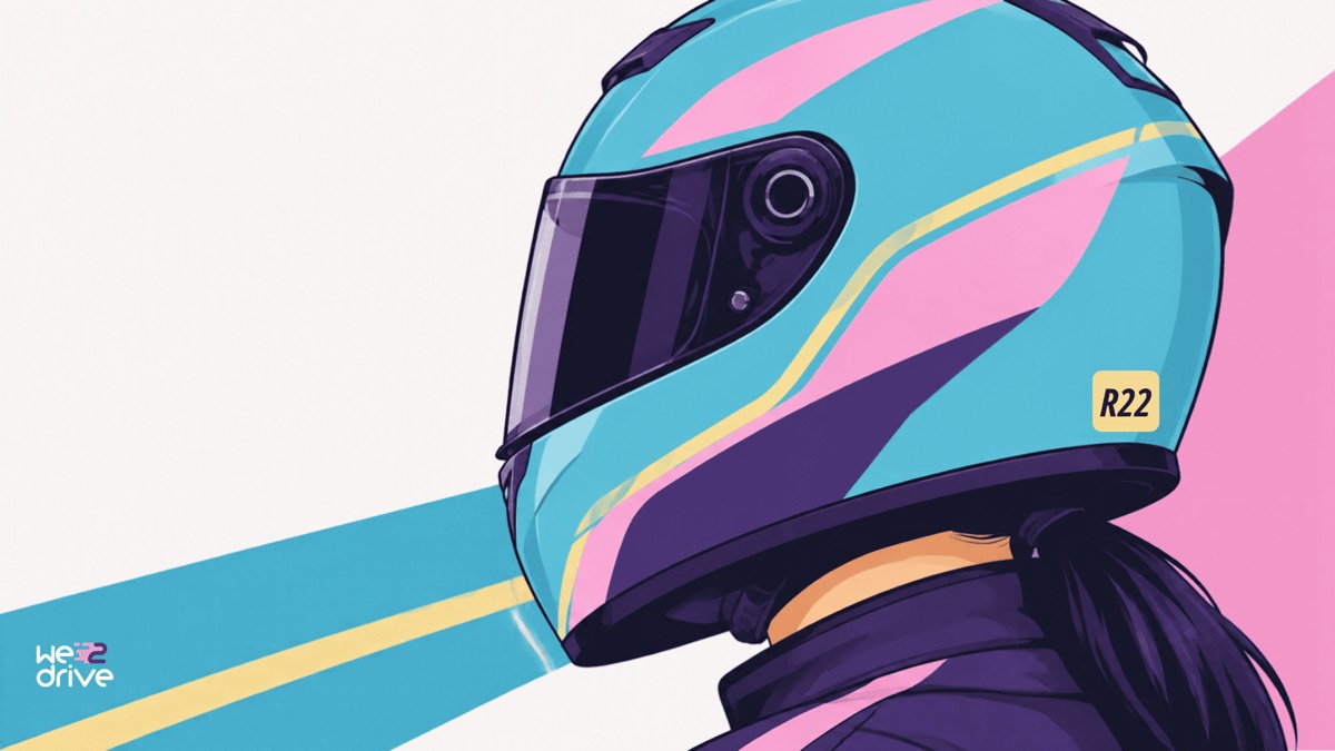 Una motorista de perfil con el casco puesto. En el casco hay una etiqueta que dice R22.