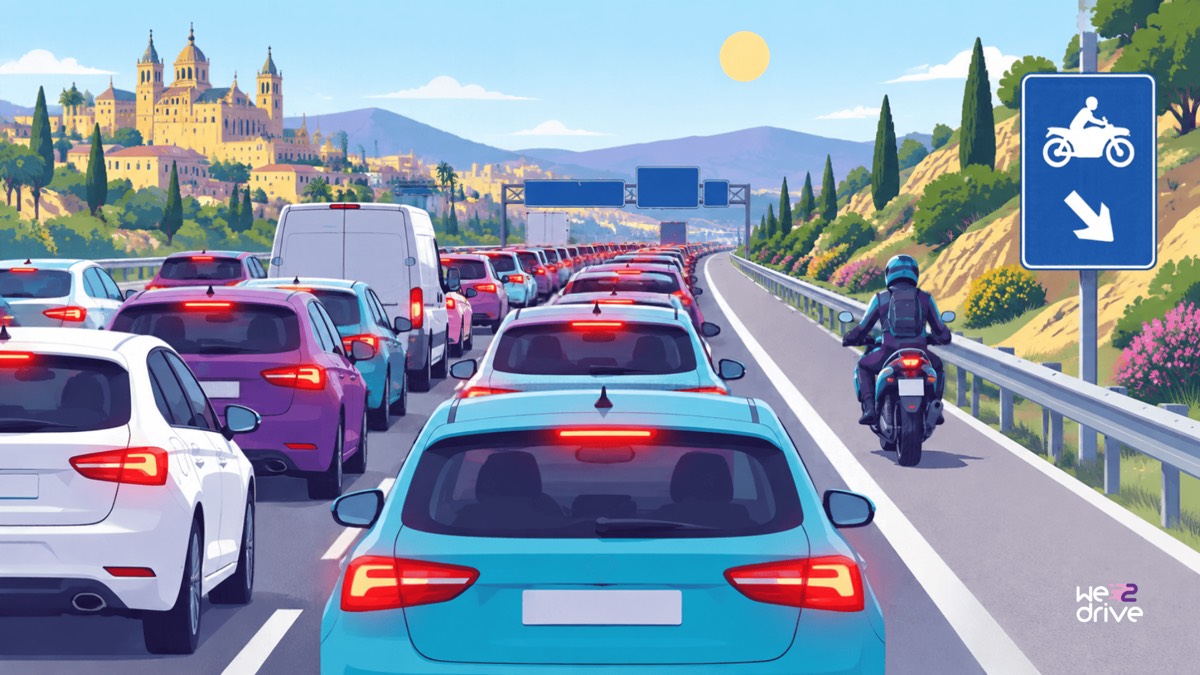 Un atasco en una vía de varios carriles. Una moto circula por el arcén derecho, junto a una señal azul con el dibujo de una moto.