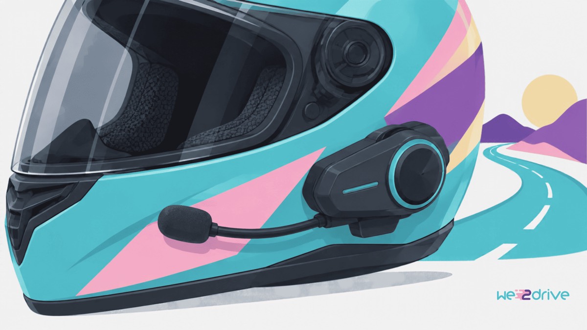 Un casco de moto con un intercomunicador con micrófono acoplado en el lateral.