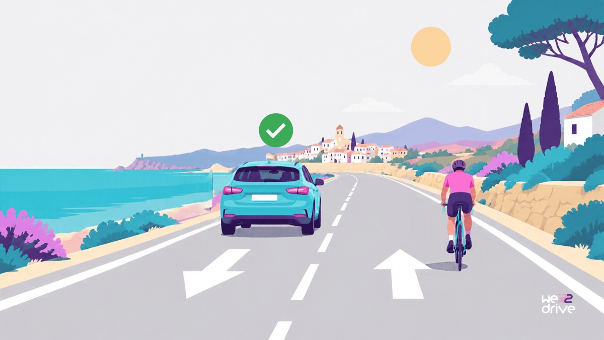 Un ciclista circula por el carril derecho. El coche que lo adelanta va entero por el otro carril y está marcado como correcto.