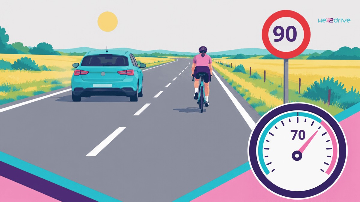 Una carretera entre campos con una señal de 90. Un coche adelanta a una ciclista y su velocímetro marca 70.
