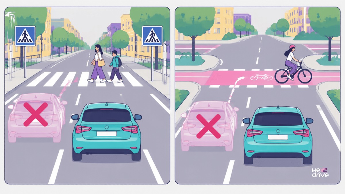 Dos escenas con el adelantamiento tachado con una cruz: ante un paso de peatones y ante un cruce con un carril bici.