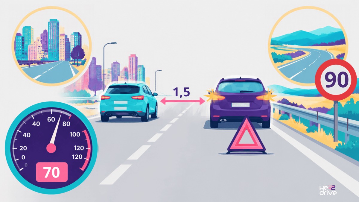 Un coche rebasa a otro averiado con las luces de emergencia y el triángulo. Entre los dos se lee 1,5, y el velocímetro marca 70 en una vía de 90.