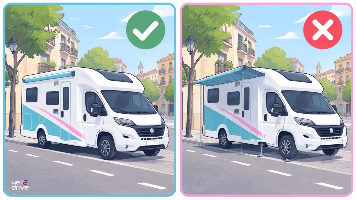 Dos autocaravanas estacionadas. La que no saca nada está marcada como correcta. La que tiene el toldo y las patas fuera, como incorrecta.