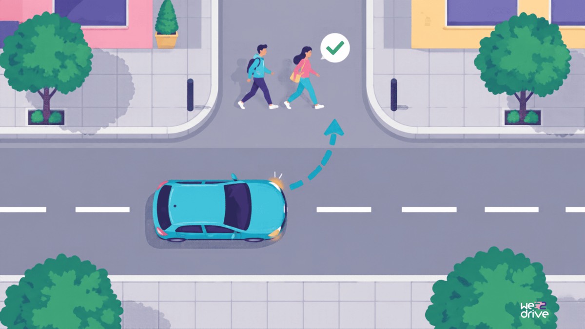 Un coche va a girar para entrar en una calle que dos peatones están cruzando sin paso pintado. Los peatones llevan un check verde.